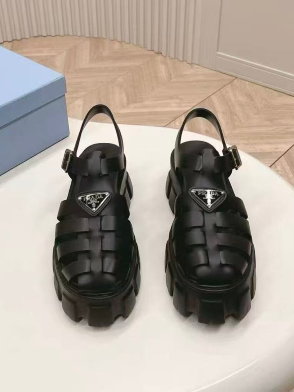 Prada Black Woven Cage Lug Platform Fisherman Sandals Triangle Logo